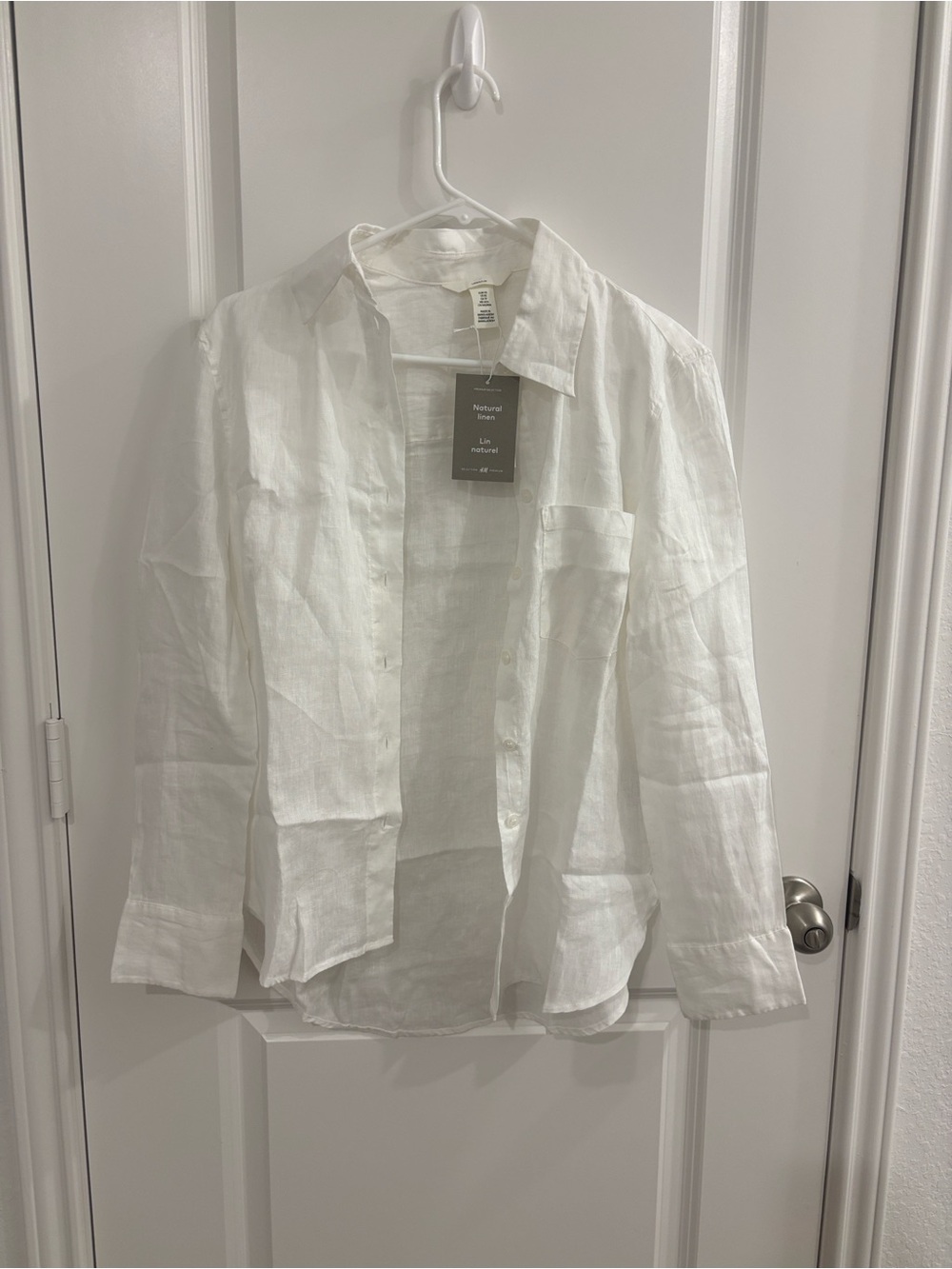 H&M White Linen Button-Up Shirt with Chest Pocket